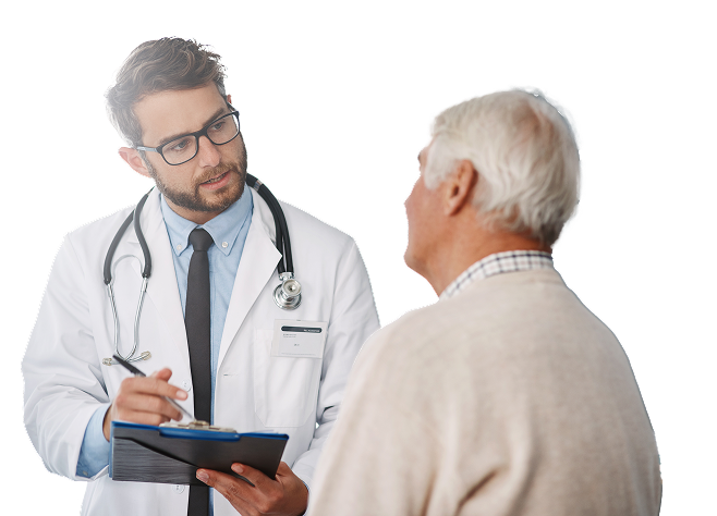 An older man consults with his doctor, who is holding a clipboard.