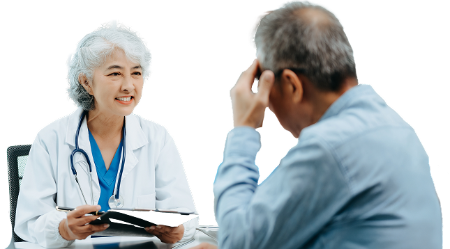 A healthcare provider discusses treatment with a seated older male patient.